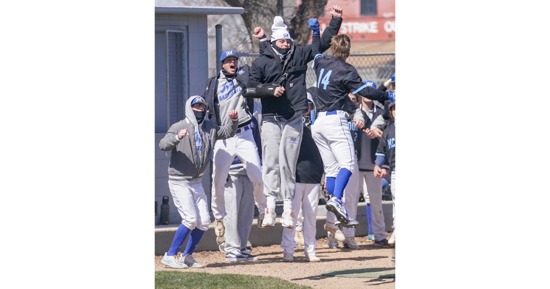 Nathan Hutchison (No. 14) celebrates a home run in Game 1 and provided the walk-off RBI in Game 2 as the MCC baseball team swept Lamar Friday   